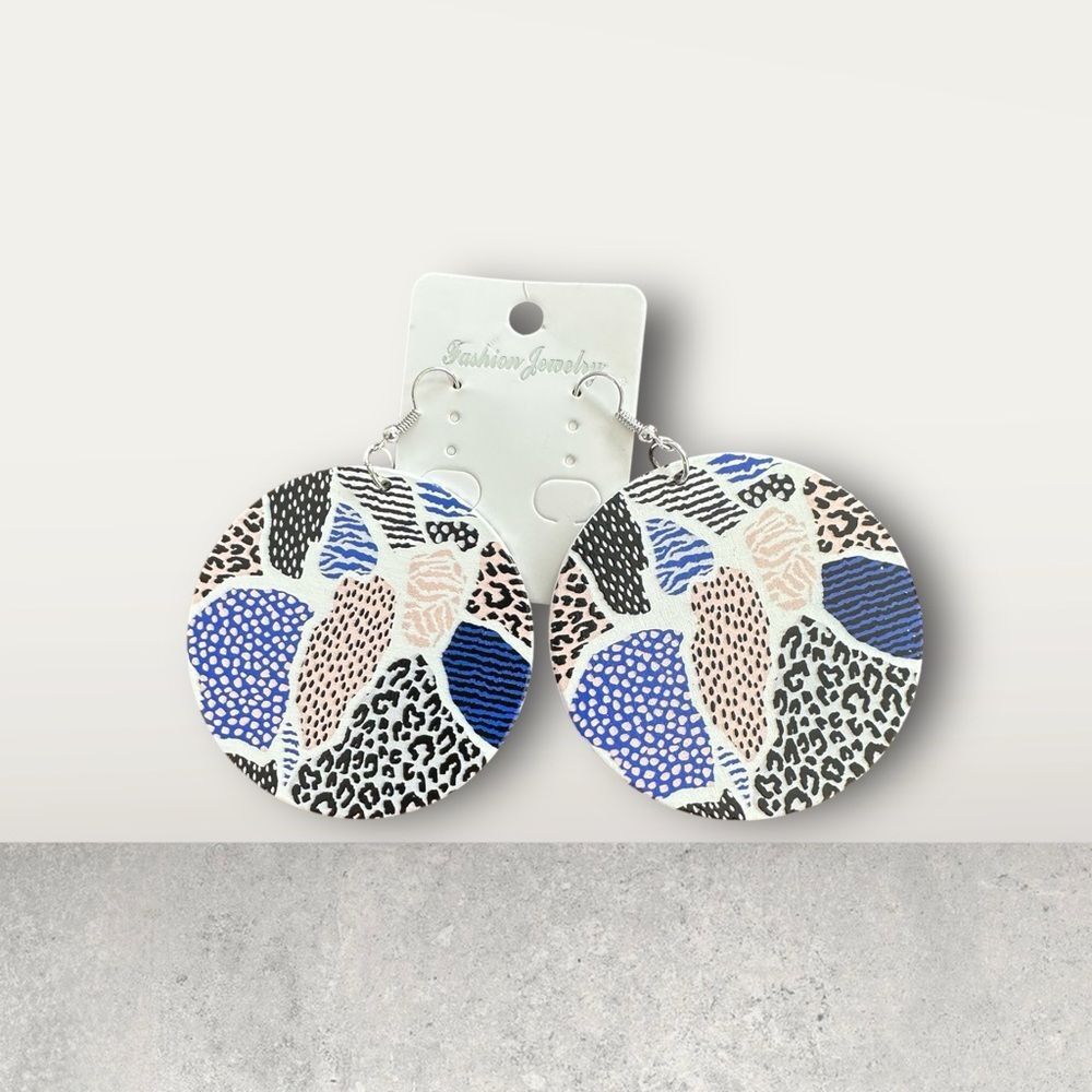 43E Fashion Jewelry Blue and Black Patterned Earrings